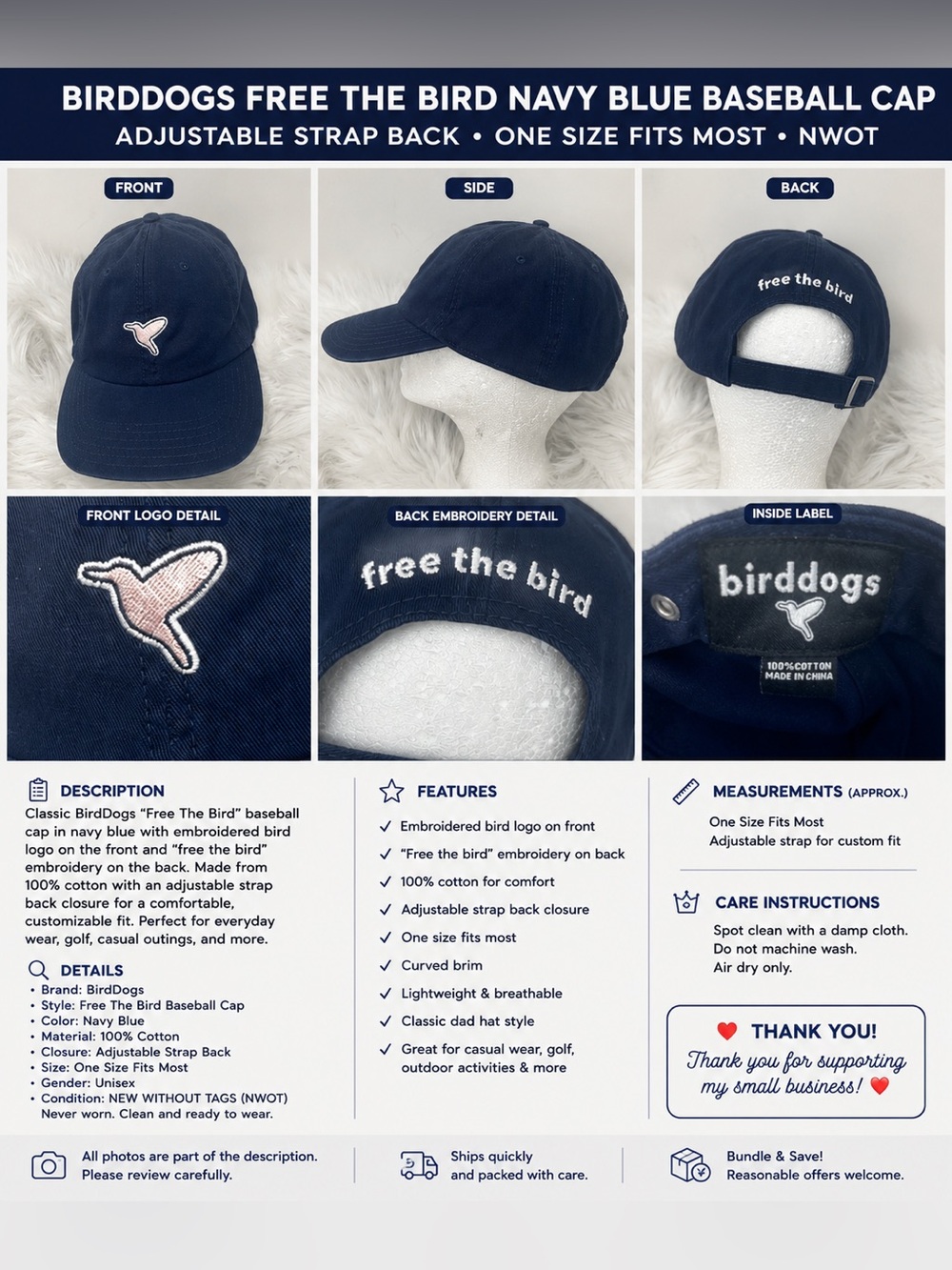 BirdDogs Free The Bird Navy Blue Adjustable Baseball Cap Dad Hat NWOT One Size